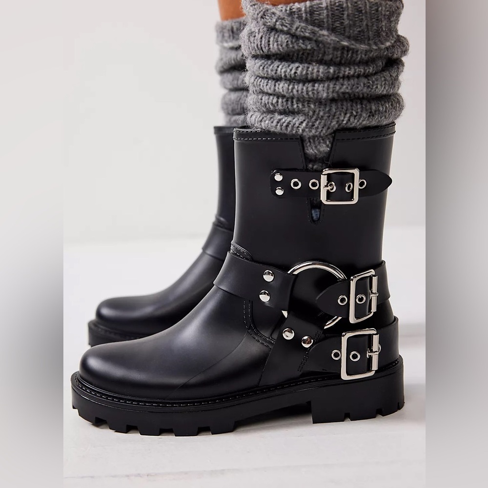 Free People x Jeffrey Campbell Make It Moto Rain Boots Black 8 NWOB